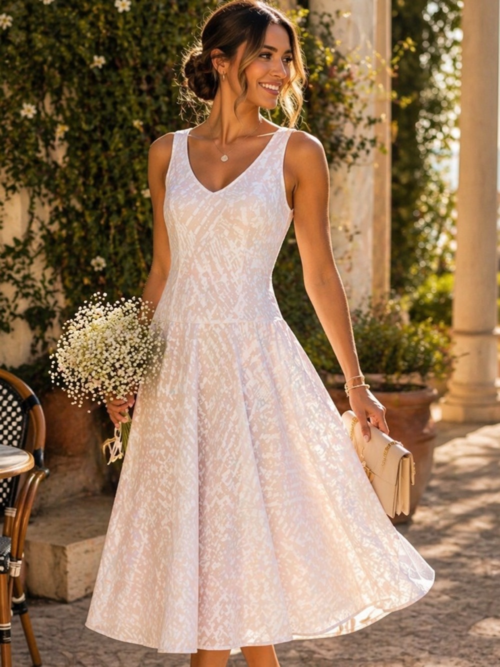 DKNY White Textured Fit & Flare Dress  Twirl Skirt Lined Romantic Summer Size 6